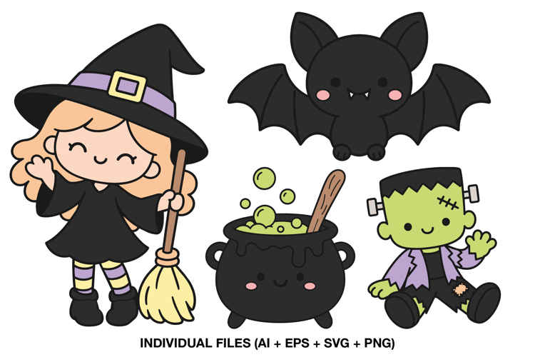 Cute Halloween Clipart, 4 Kawaii Spooky Characters