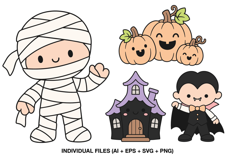 Kawaii Mummy, Vampire, Pumpkins and Haunted House