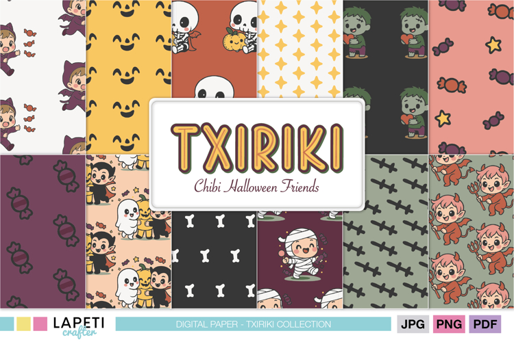 Cute Halloween Digital Paper Pack, Kawaii Chibi Patterns