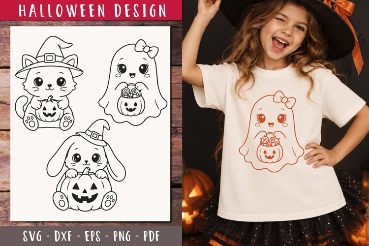 Cute Halloween Friends SVG Ghost Cat Bunny clipart 