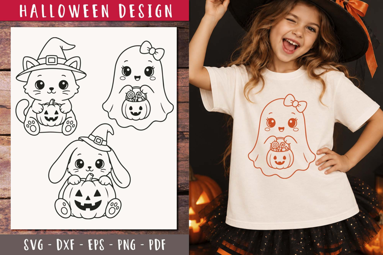 Cute Halloween Friends SVG Ghost Cat Bunny clipart