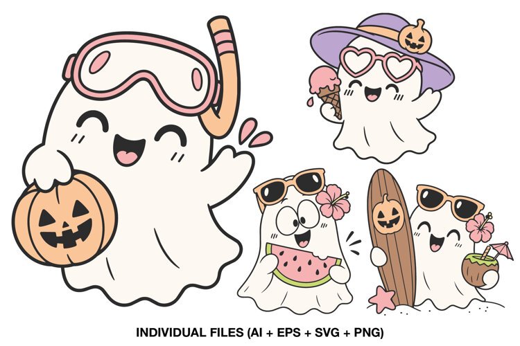 Four cute Halloween ghost clipart illustrations with beach accessories, snorkeling goggles, watermelon, surfboard and ice cream.