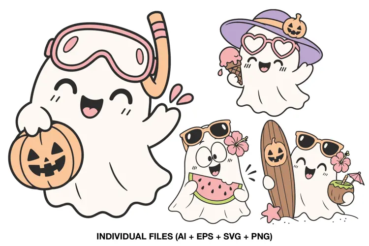 Cute Halloween Ghost Clipart, Summer Spooky Characters