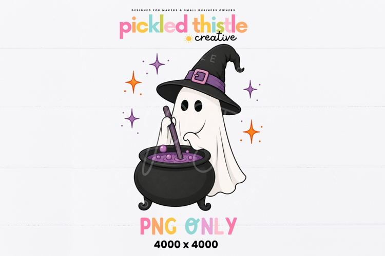 Cute Halloween sublimation design with a ghost in a witch hat stirring a potion. Features black cauldron, purple bubbles, and colorful seasonal accents.