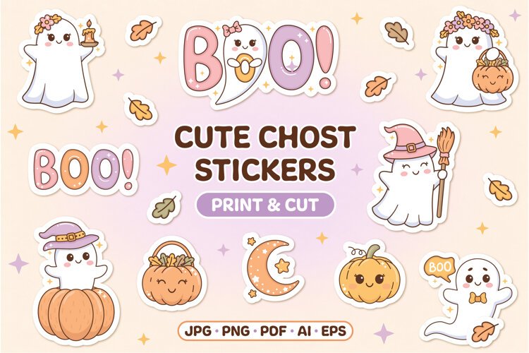 Cute Halloween ghost stickers featuring adorable pastel ghosts, smiling pumpkins, witch hats, autumn leaves and BOO lettering in pink, lavender and orange. Printable Halloween sticker bundle for kids, planners, scrapbooking and DIY crafts.