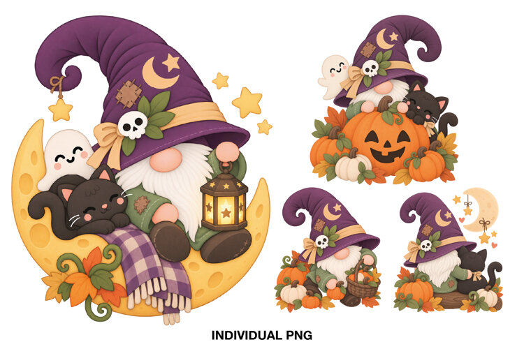 Four cute Halloween gnome illustrations with pumpkins, black cat and friendly ghosts