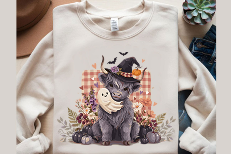 Cute Halloween Highland Cow and Ghost PNG Designs