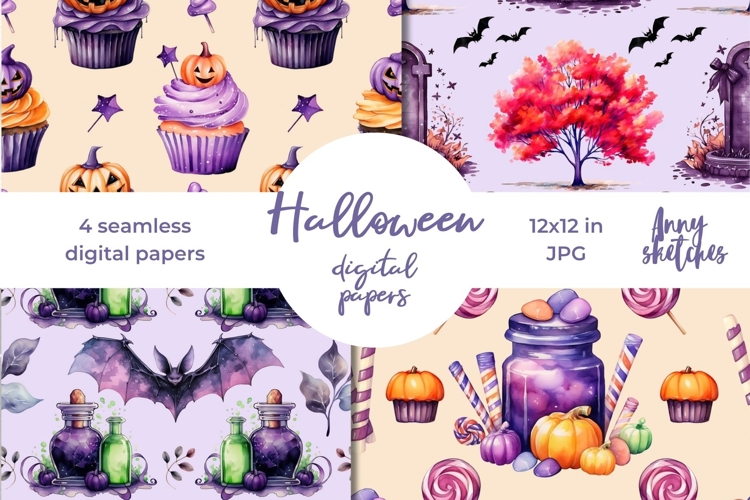 4 Cute Halloween Digital Papers Seamless Patterns