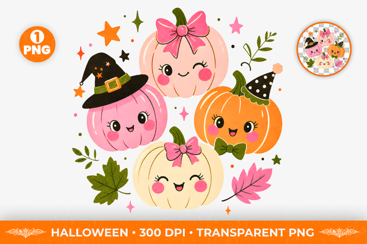 Cute Retro Halloween Pumpkin Friends Sublimation Clipart PNG