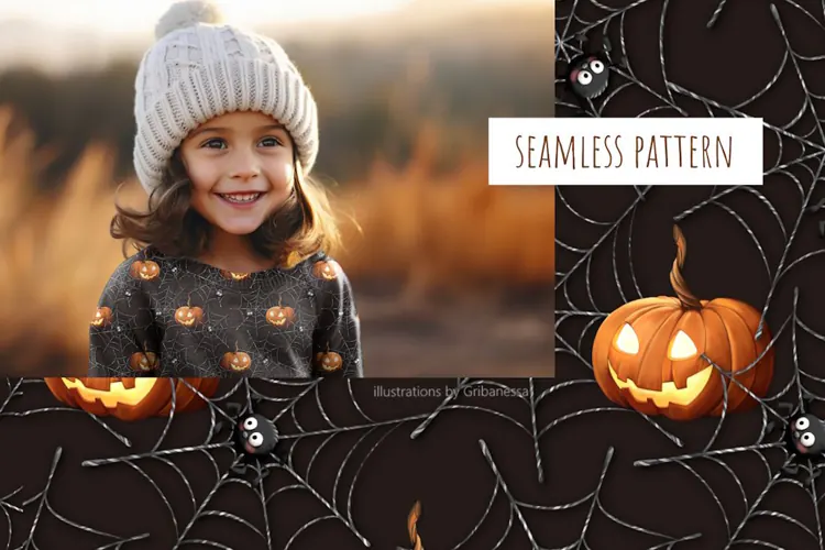 Cute Halloween Pumpkin Spider Pattern