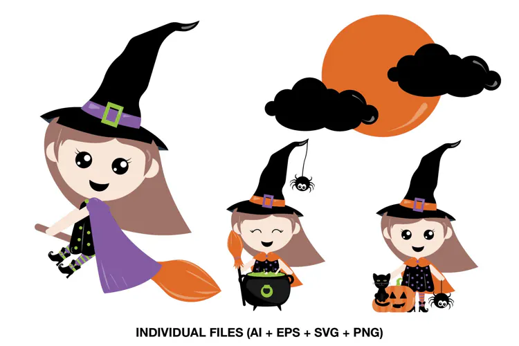 Cute Halloween Witch Clipart with Broom and Cauldron