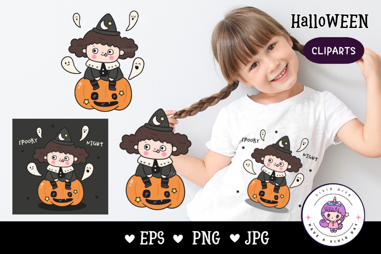 Halloween Witch Cute girl on Jack o lantern kawaii clipart