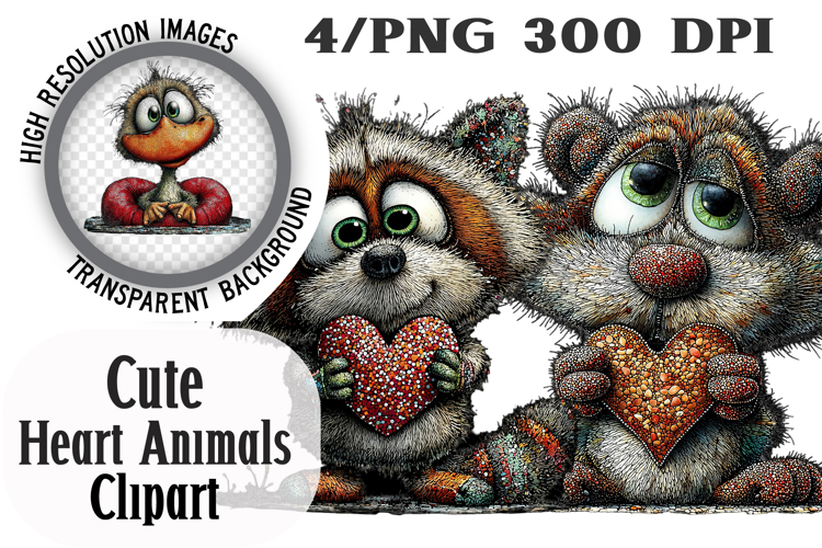 Cute Heart Animals Clipart PNG