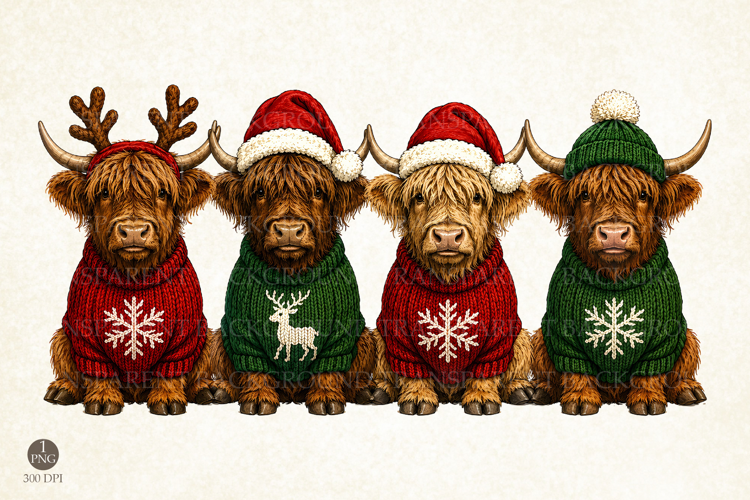 Cute Highland Cow Christmas Shirt PNG, Holiday Ugly Sweater