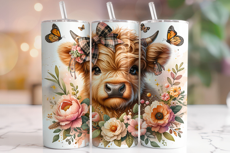 Floral Highland Cow Tumbler Wrap, Cute Highland Cow Tumbler