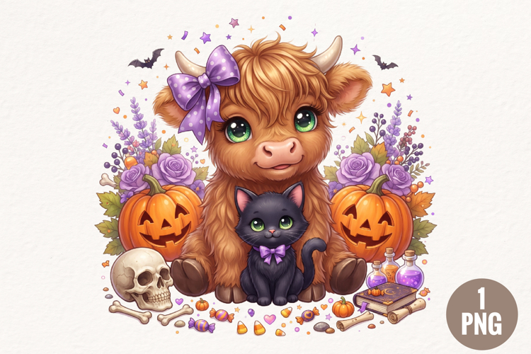 Cute Highland Cow Halloween PNG