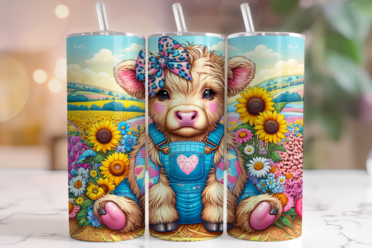 Floral Highland Cow Tumbler Wrap, Cute Highland Cow Tumbler