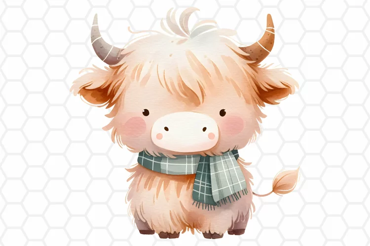 Cute Highland Cow Watercolor Clipart, Sublimation PNG