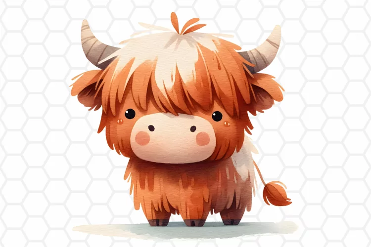 Cute Highland Cow Watercolor Clipart, Sublimation PNG