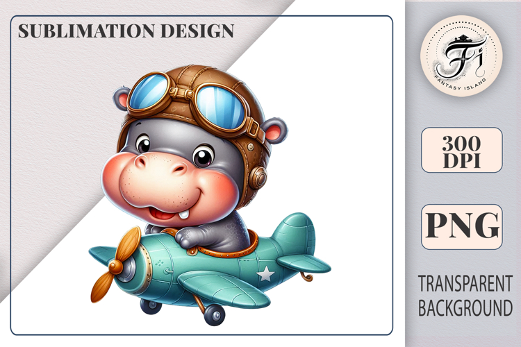 Cute Hippo Pilot in Airplane Watercolor Sublimation Clipart