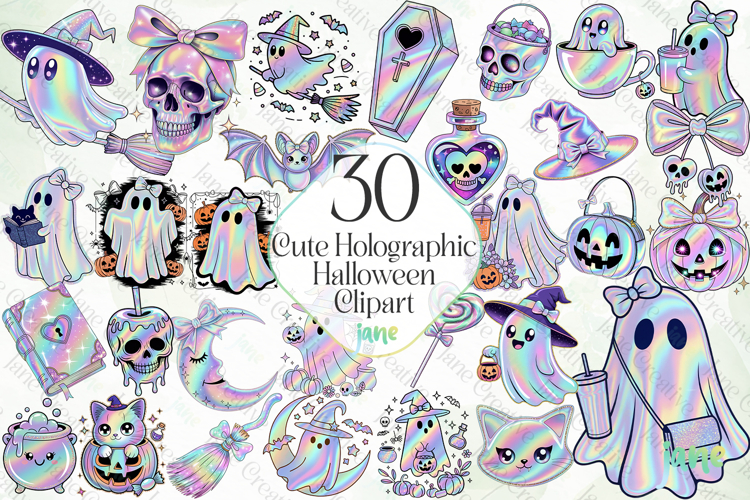 Cute Holographic Halloween PNG Clipart Bundle