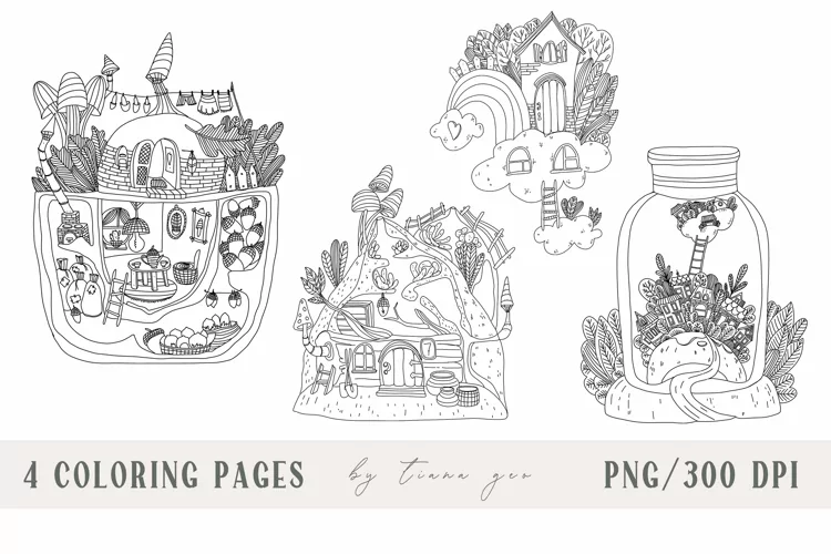 Magic houses kids coloring pages - 4 line art illustrations