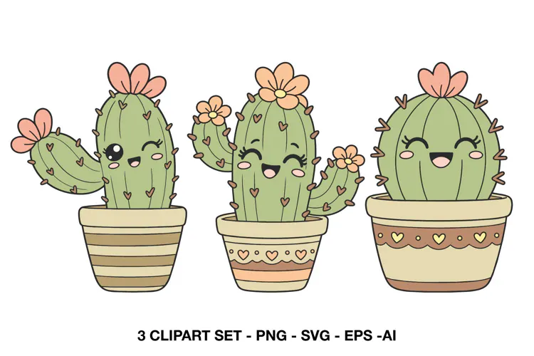 Cute Kawaii Cactus Clipart with Flowers