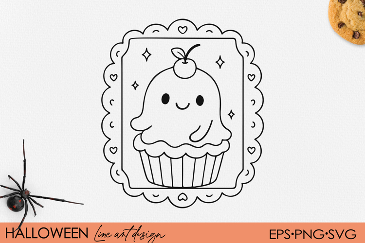 Cute Kawaii Kitten in Gift Box, Halloween Frame Line Art PNG