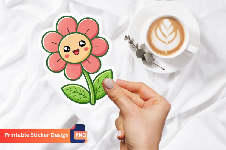 Cute Kawaii Flower Sticker, Colorful Kawaii Sticker example image 1
