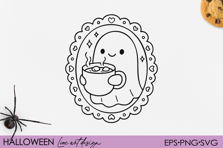 Cute Ghost with Hot Cocoa Halloween Line Art Frame PNG SVG