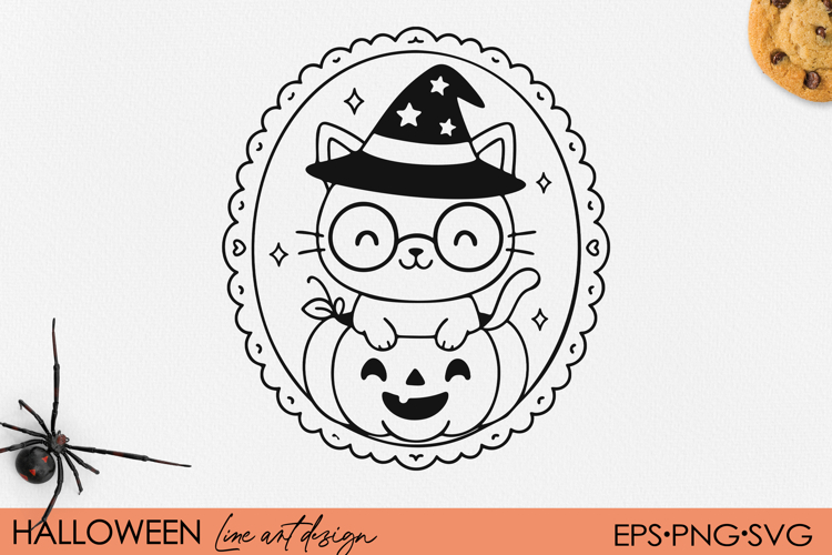 Cute Kawaii Kitten with Witch Hat Halloween Line Art PNG SVG