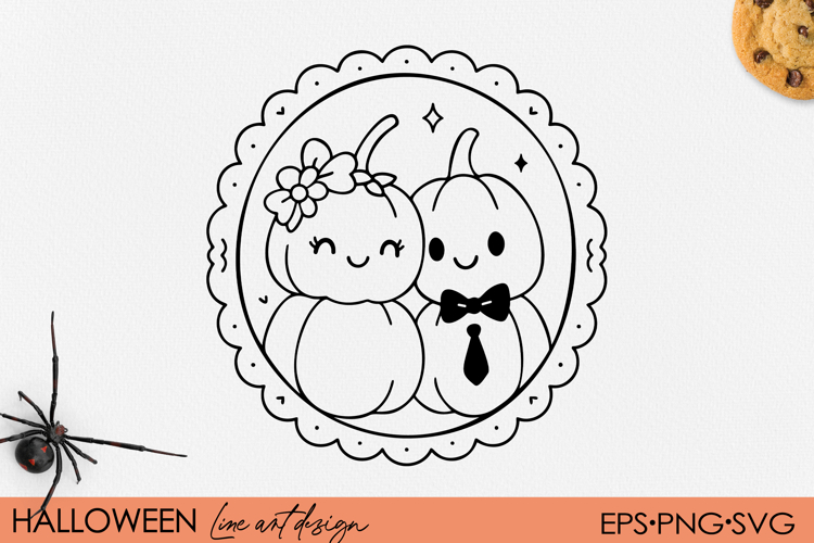 Cute Kawaii Pumpkin Couple Halloween Line Art PNG SVG EPS