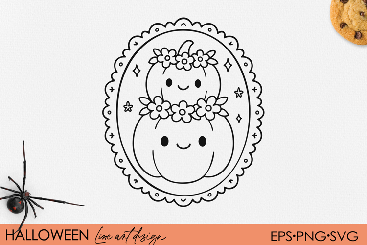 Cute Kawaii Pumpkins with Flower Crowns Halloween Line Art