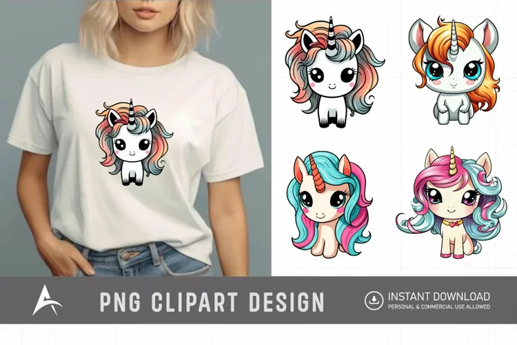 Watercolor Cute Kawaii Unicorn Clipart