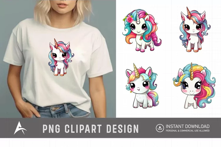 Watercolor Cute Kawaii Unicorn Clipart