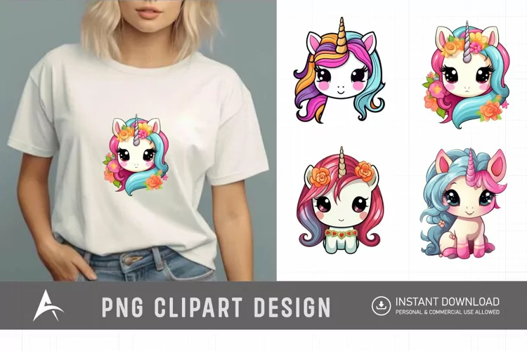 Watercolor Cute Kawaii Unicorn Clipart