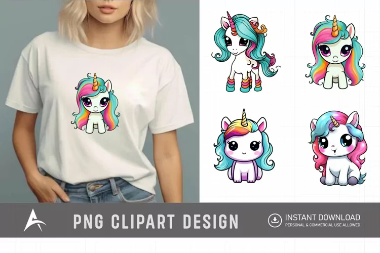 Watercolor Cute Kawaii Unicorn Clipart