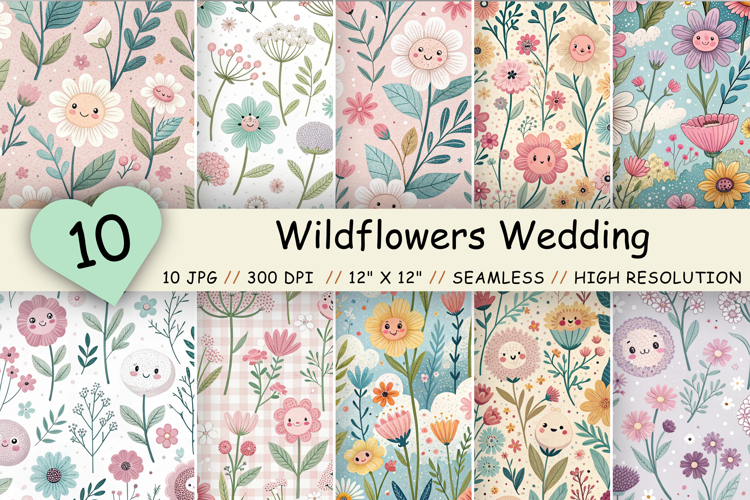 Cute Kawaii Wildflowers Seamless Pattern, Pastel Floral