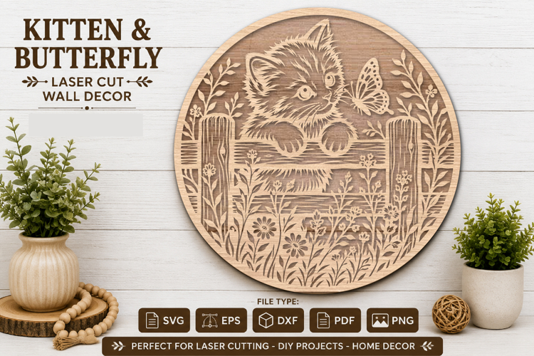 Cute Kitten & Butterfly Laser Cut Wall Art