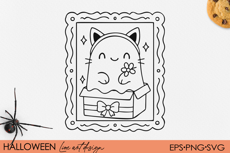 Cute Kawaii Kitten in Gift Box Halloween Line Art PNG SVG
