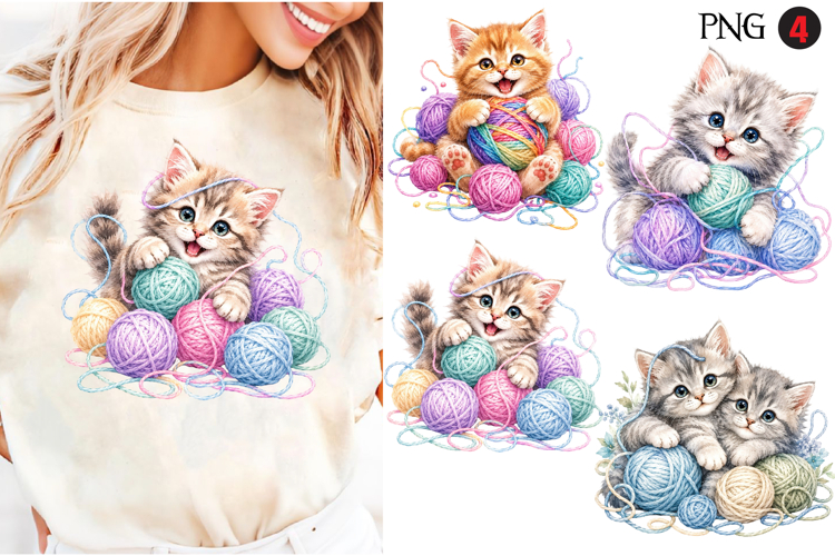 Cute Kitten Playing Yarn Ball Watercolor Illustrations