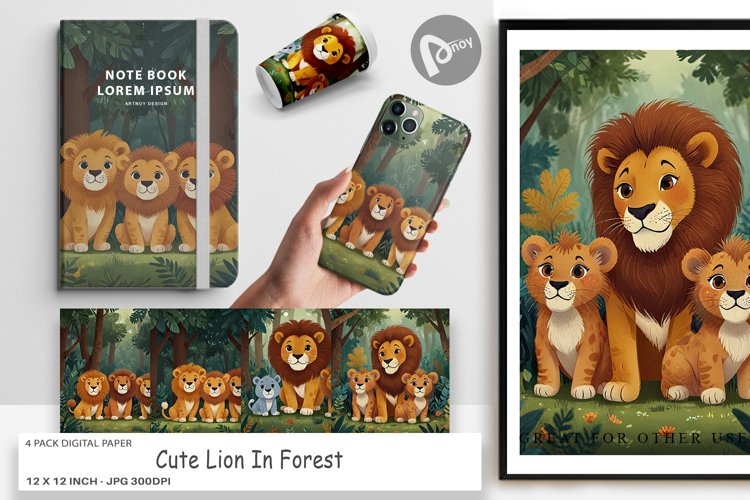 Digital Paper Cartoon Lion in Forest