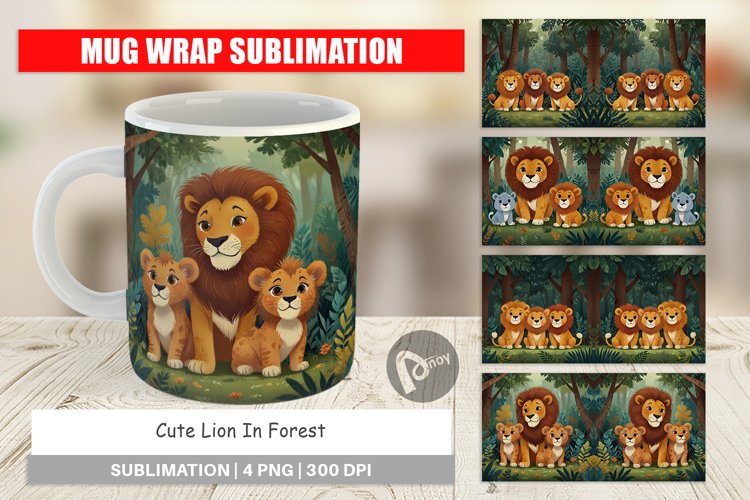 Mug Wrap Design Cartoon Lion in Forest