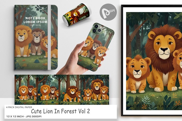 Digital Paper Cartoon Lion in Forest