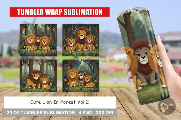 Tumbler Wrap Cartoon Lion in Forest