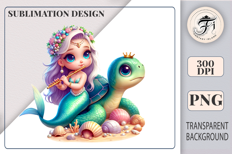 Cute Little Mermaid on Turtle | Sublimation Clipart PNG