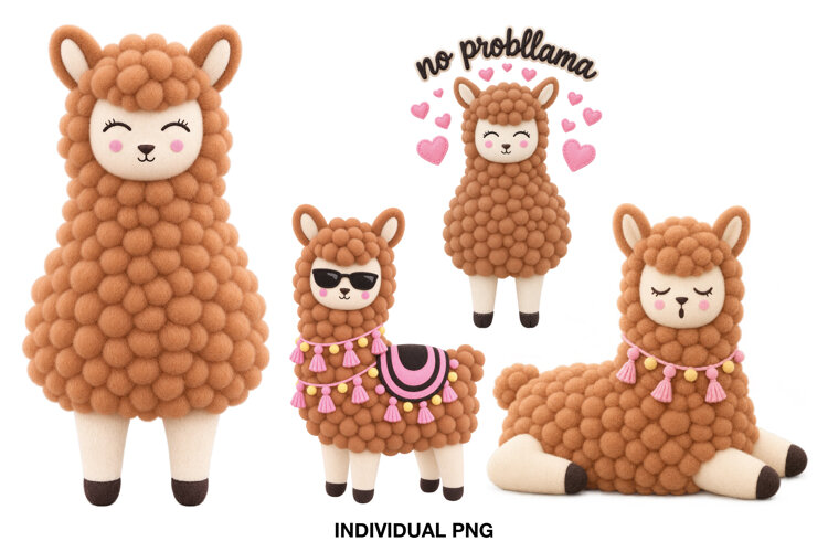 Four cute fluffy brown llama and alpaca PNG designs in different playful poses