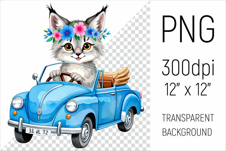 Cute Lynx Driving Blue Car | Sublimation Design