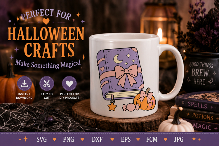 Cute Magic Spell Book SVG with Bow, Pumpkin & Candy