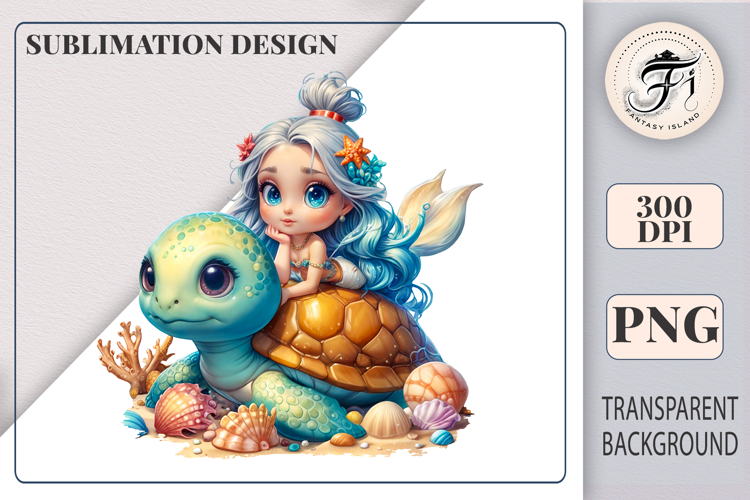 Little Mermaid Riding Sea Turtle Cute Ocean Clipart PNG
